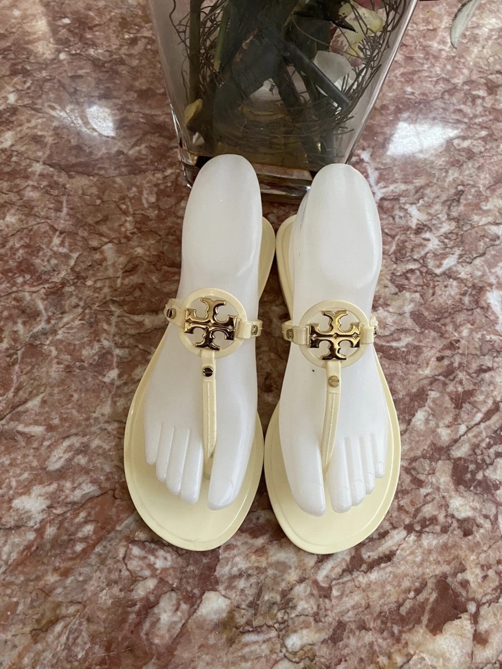 Tory Burch Ivory Jelly Logo Thong Sandals with Gold Emblem